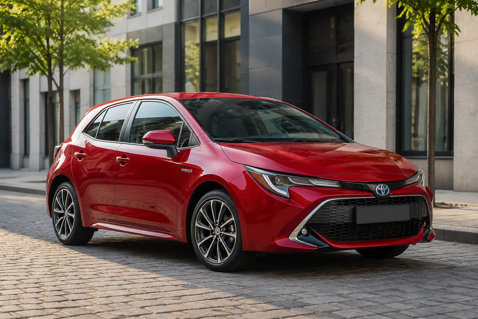 Piros Toyota Corolla Hatchback Hybrid modern városi környezetben, első háromnegyedes nézetből