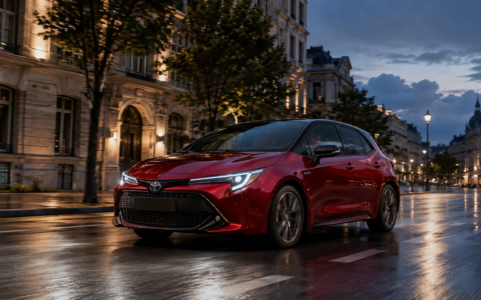 Piros Toyota Corolla Hatchback Hybrid esti városi forgalomban, nedves úton