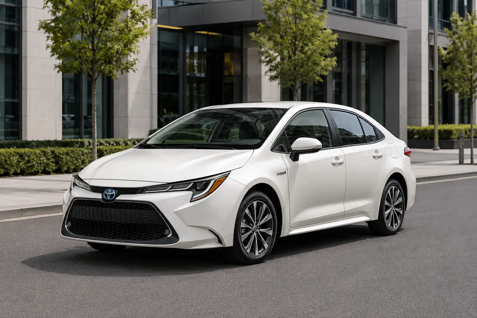 Gyöngyházfehér Toyota Corolla Sedan Hybrid modern üzleti környezetben, első háromnegyedes nézetből