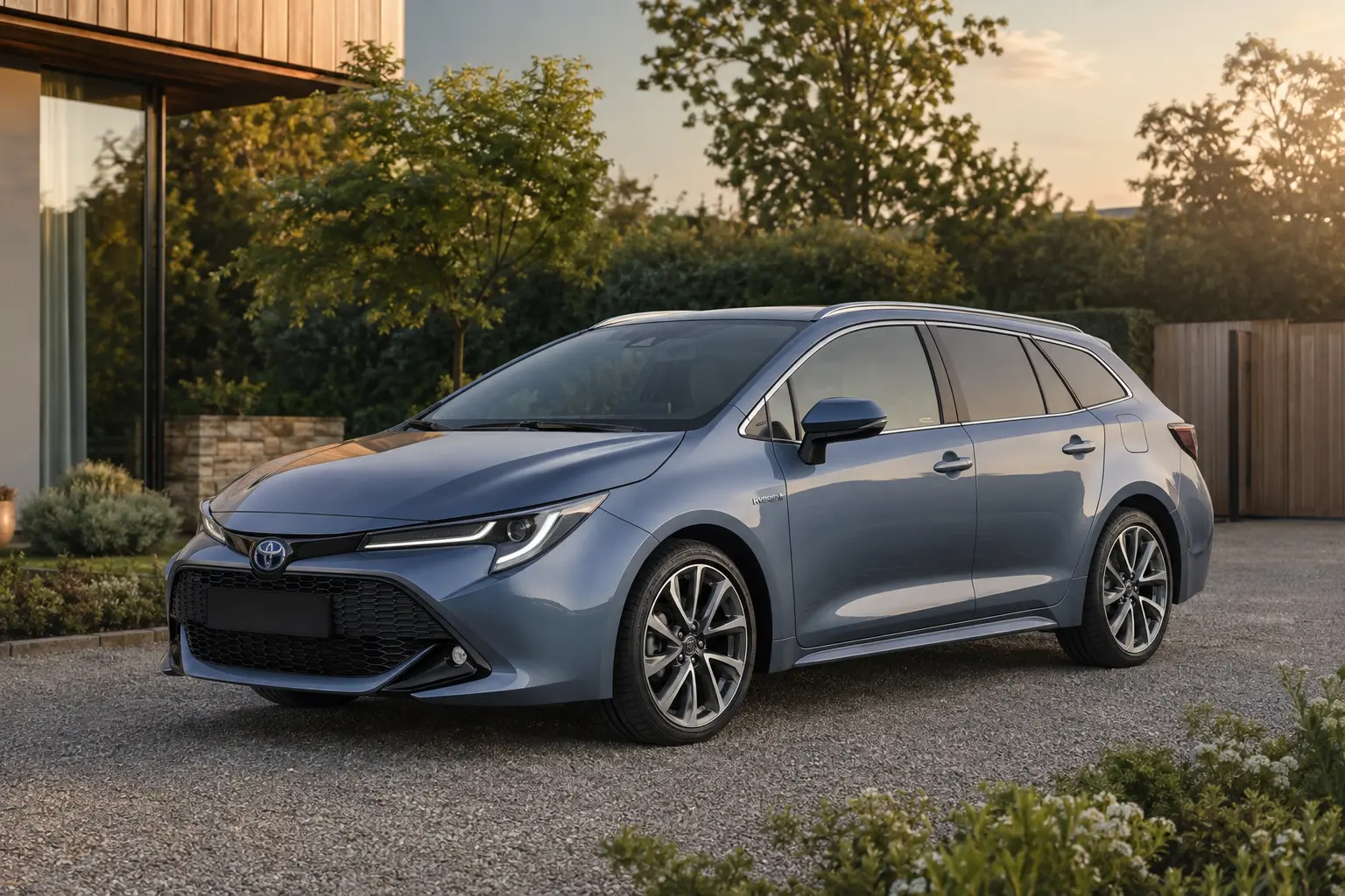 Kékesszürke Toyota Corolla Touring Sports Hybrid modern családi ház előtt