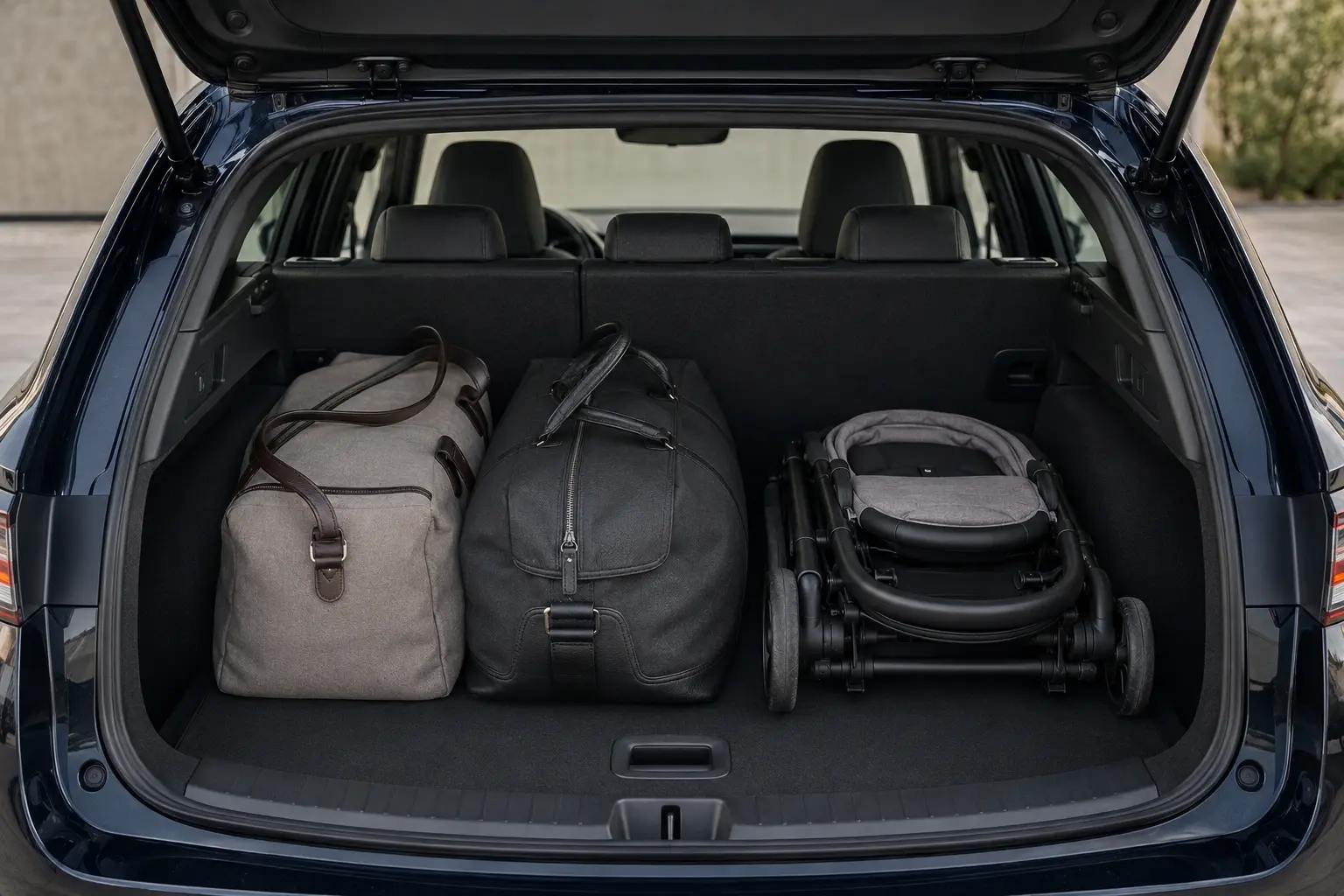 Toyota Corolla Touring Sports tágas csomagtere két utazótáskával és összecsukott babakocsival